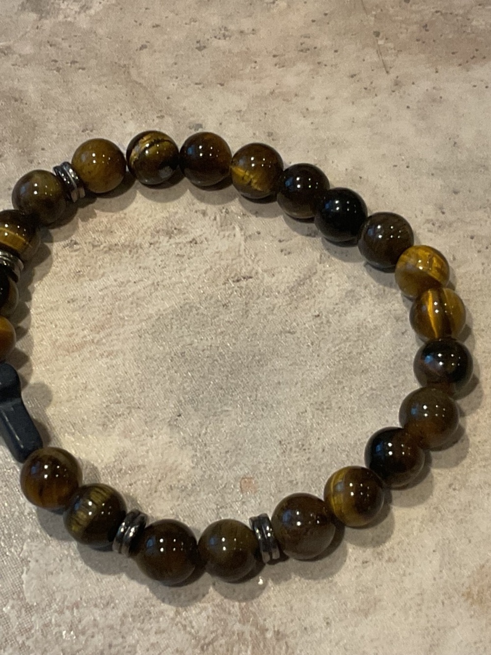 Tiger's Eye Beaded Stretch Bracelet Black Stone Cross Brown Gold